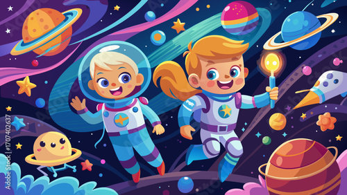 Cute little astronauts, boy and girl, in colorful suits exploring a whimsical cartoon galaxy with planets and shooting stars, inspiring adventure and imagination