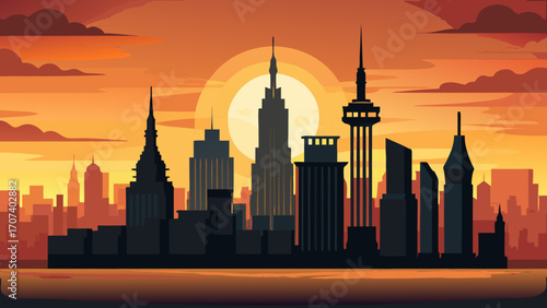 Vector art of vibrant city skyline silhouette against a warm sunset, vector illustration