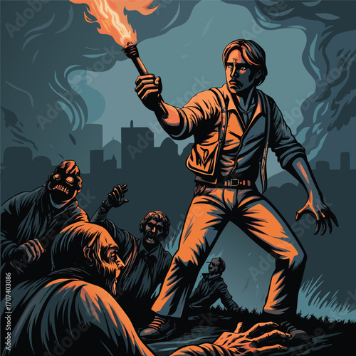 Man with torch confronts zombies in smoky city fire
