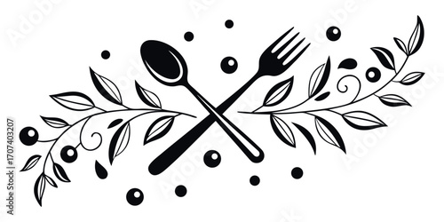 Elegant black fork and spoon crossed with delicate olive branches and berries evokes gourmet dining and culinary artistry