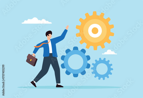 Flat illustration of business entrepreneur work with cogwheel symbolizing productivity and efficiency improvement