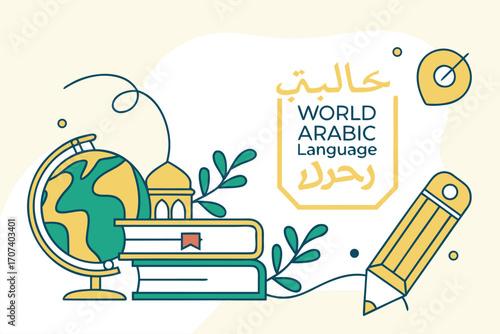World Arabic Language Day Vector Illustration with Arabic Calligraphy, Books, and Globe in Modern Minimalist Style