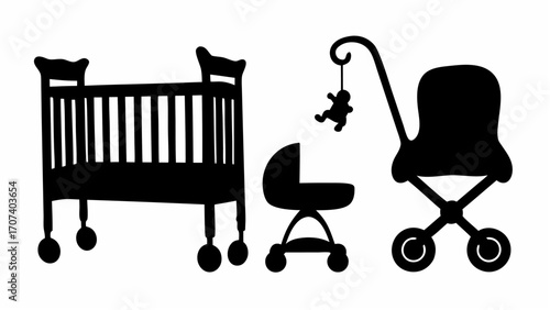Silhouette illustration of a baby crib stroller baby carriage and a hanging baby mobile toy in black