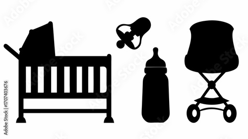 Silhouette illustration of a baby crib, pacifier, bottle, and stroller on a white background image vector