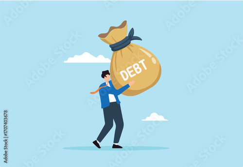 Flat illustration of tired businessman carry giant money bag labeled Debt symbolizing heavy burden of financial obligation