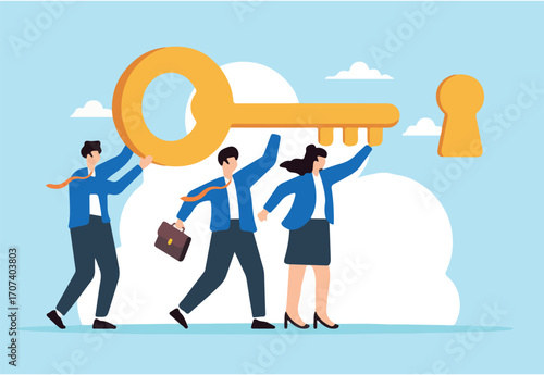 Flat illustration of business team help carry golden key and push into keyhole symbolizing teamwork unlocking success