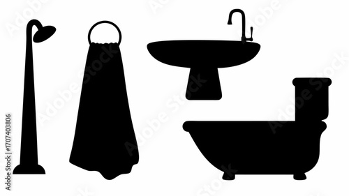 Illustration of bathroom fixtures including a shower head towel sink and toilet in black silhouette style