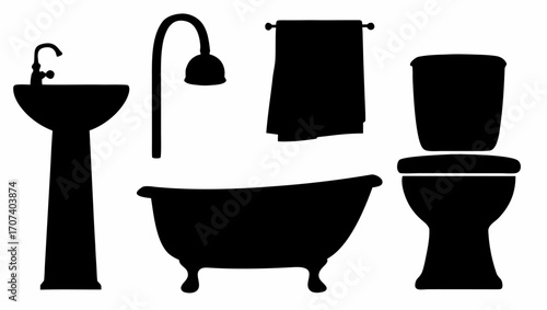 A silhouette illustration of bathroom fixtures including a sink toilet bathtub and towel rack shown