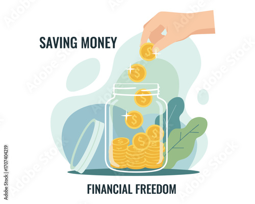 Financial Savings: A hand carefully drops golden coins into a transparent glass jar, symbolizing diligent saving towards financial independence and prosperity.