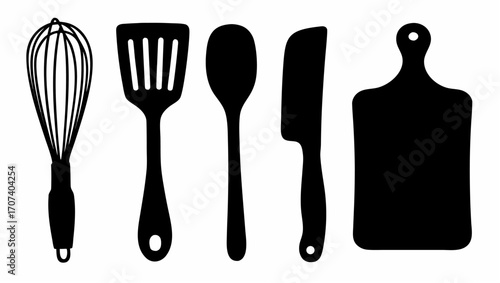 Silhouette of kitchen utensils including whisk spatula spoon knife and cutting board arranged together