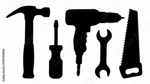 Silhouette illustration showing a hammer, screwdriver, drill, wrench, and saw on a white background