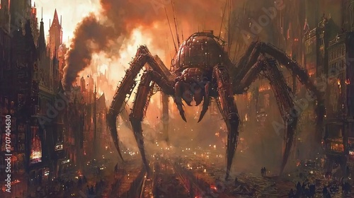 A giant mechanical spider looms over a burning city with smoke and tall buildings in the background