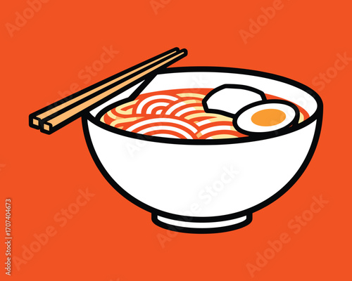Ramen Bowl with Chopsticks: A vibrantly colored illustration showcases a pristine white bowl, filled with steaming ramen, with a pair of chopsticks resting elegantly alongside.