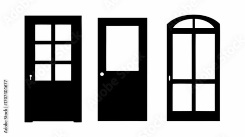 Three different styles of doors depicted in black and white showcasing various design elements and shapes