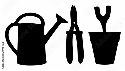 Silhouette of a watering can, pruning shears, and a plant in a pot on a white background in vector format
