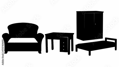 Silhouette illustration of a room featuring an armchair a desk a wardrobe and a bed in black and white