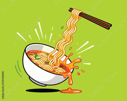 Dynamic Noodles: An illustration of steaming noodles gracefully cascading from a bowl, held by chopsticks, exuding an aroma that ignites a food adventure.