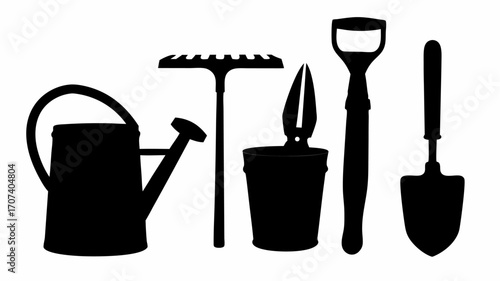 Silhouette of gardening tools including watering can rake trowel and hand tools in black and white design