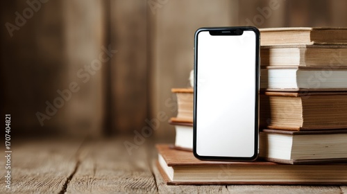 Smartphone with white screen on stack of books on wooden table with copy space, mockup concept for education app