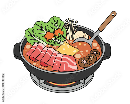 Hot Pot Delight: An illustrated pot of vibrant, steaming hot pot, filled with an array of fresh vegetables and succulent meat, simmered to perfection on a stove.