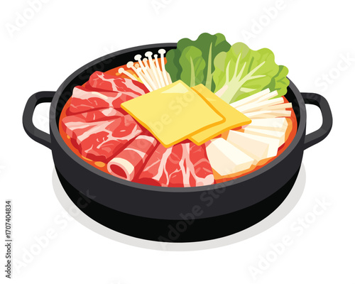 Deliciously prepared hot pot with the freshest ingredients, showcasing the harmony of meat, cheese, vegetables and sauce in a classic preparation.