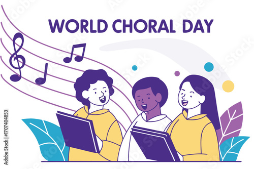 World Choral Day Vector Illustration with Diverse Choir, Musical Notes, and Sound Waves in Modern Minimalist Style