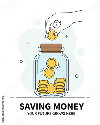 Financial future: A hand carefully places a coin into a jar, symbolizing saving and investment, building towards a brighter tomorrow.