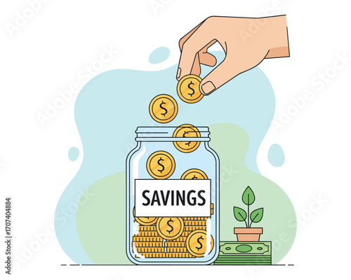 Financial Growth in a Jar: A hand carefully deposits a shiny gold coin into a glass jar labeled 'SAVINGS', symbolizing diligent monetary savings for financial success.