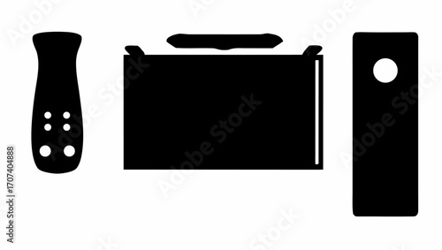 A black silhouette of a remote control with buttons a box with a handle and a rectangular object with a hole