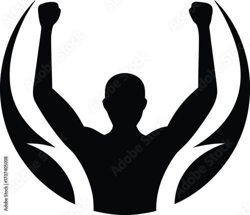 Silhouette of a triumphant person with arms raised in celebration within a circular emblem