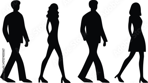 Silhouettes of a man and woman walking side by side dynamic motion captured in black and white