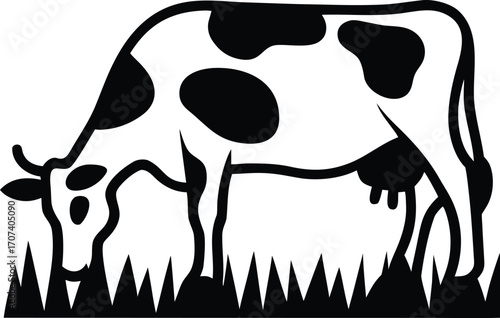 Simple black and white line art of a holstein cow grazing in green grass