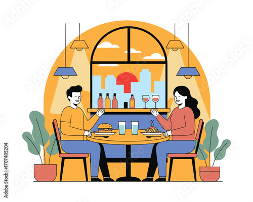 Restaurant Date: A couple enjoys a meal together in a cozy restaurant setting, creating an atmosphere of warmth and romance.