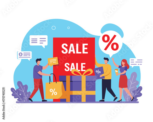 Shop Sales Event: Animated illustration of a shopping sale event, featuring a promotional poster, gift box, percentage symbol, and a group of enthusiastic shoppers.