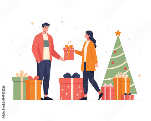 Holiday Present Exchange: In a festive scene, a person gracefully offers a beautifully wrapped present to another. Joyful smiles are exchanged amid a collection of holiday gifts.
