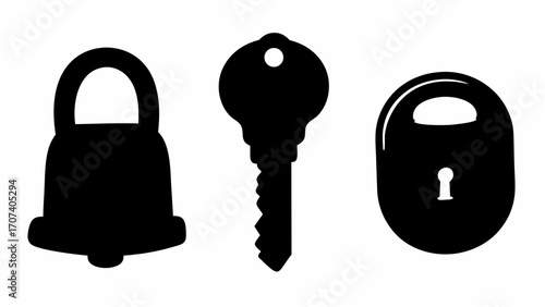 Illustration of a bell shaped padlock a standard key and an oval padlock all in black silhouette style