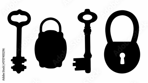 Silhouette illustration of two antique keys and two padlocks arranged side by side on a white background