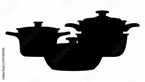 Silhouette depiction of three stacked cooking pots with lids and handles in a simple black and white style