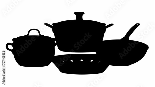 Silhouette of various kitchen pots and pans including a colander and saucepan arranged together nicely