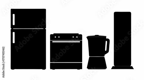 A collection of kitchen appliances including a refrigerator, stove, blender, and a tall speaker or column