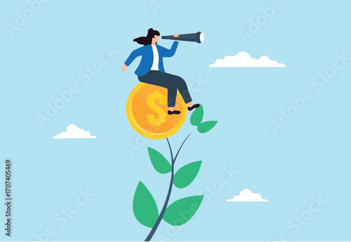 Flat illustration woman look through telescope at money plant with coin flower representing investment growth