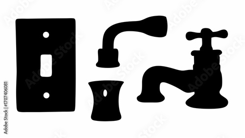 Silhouette illustration of a light switch plate and a faucet set with separate spout and handles