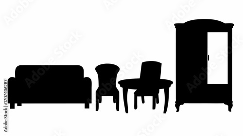 Silhouette illustration featuring a sofa two chairs a table and a wardrobe against a white background view