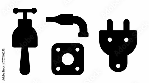 Illustration of a water faucet, pipe, electrical outlet, and plug in simple black silhouette style design