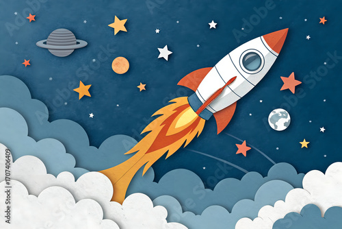 Cartoon rocket ship blasts off into a starry night sky with planets and clouds in a paper cut style illustration perfect for children's books or educational materials about space exploration and scien