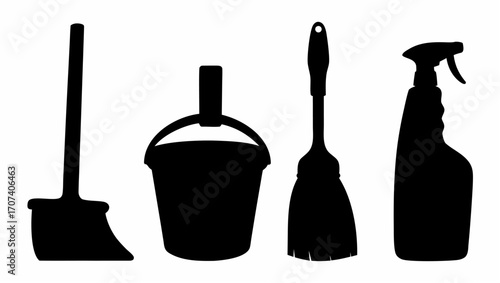 Silhouetted cleaning supplies including a broom bucket duster and spray bottle arranged together neatly