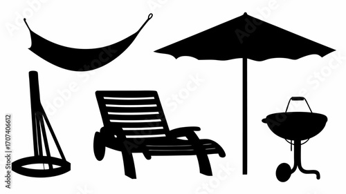 Silhouette of a hammock, beach chair, umbrella, and barbecue grill, all in black on a white background