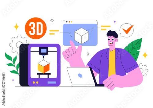 3D Printing Workshop Vector Illustration Featuring an Innovative Fabrication Process with Desktop Modeling Equipment and Computer for Printing
