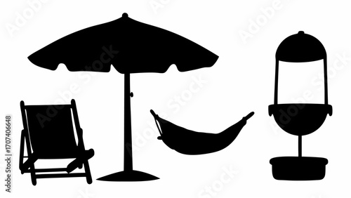 Silhouette illustration of a beach chair umbrella hammock and hanging planter on a white background