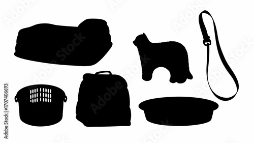 Silhouette arrangement of cat carrier backpack cat shaped object and other pet related accessories items